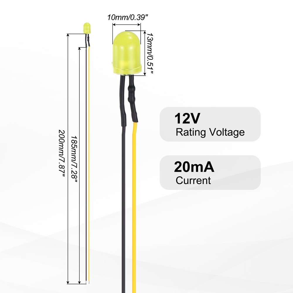 50pcs 10mm LED Diode Lights, Yellow Light DC 12V for Electronics