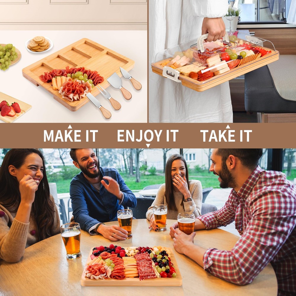 CAWIU Charcuterie Board with Lid and Handle - Medium-6 Compartments, White