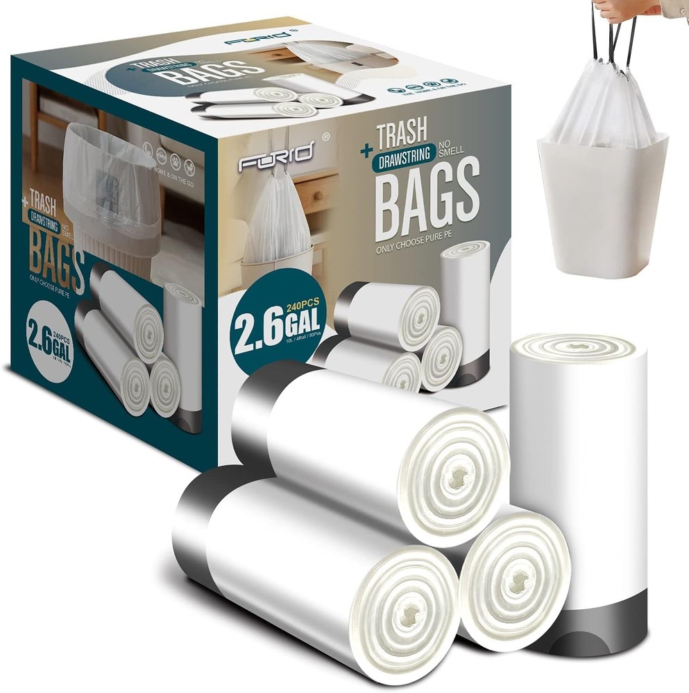 FORID Small Drawstring Trash Bags - 2.6 Gallon White Garbage Bags 240 Count, Dur
