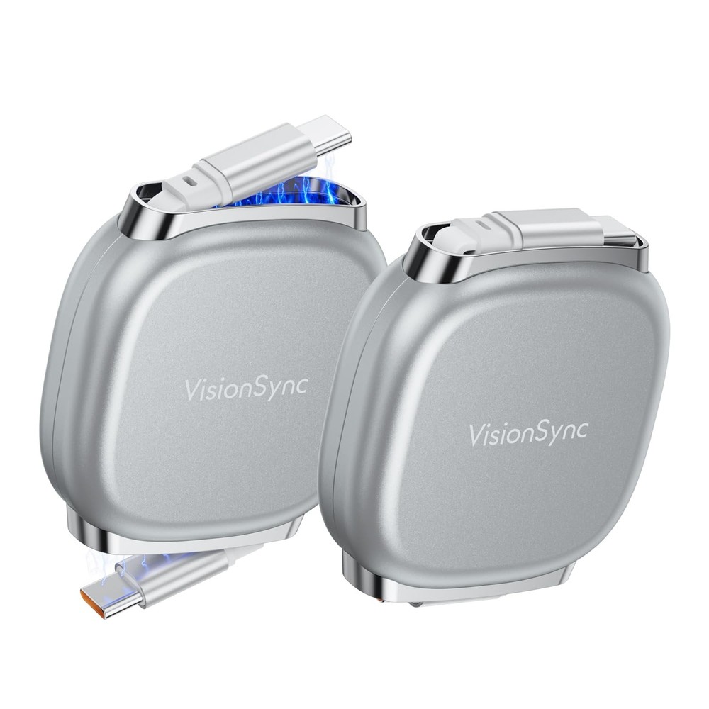 VisionSync 240W USB C to C Cable,PD 3.2 Retractable 2Pack-3.3ft, Grey