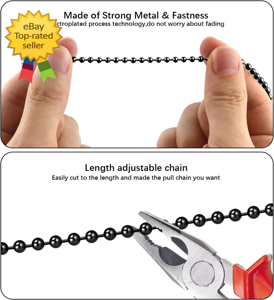 Black Ceiling Fan Pull Chain Set 2Pack 3Mm Diameter Beaded Fluorescent Decorativ