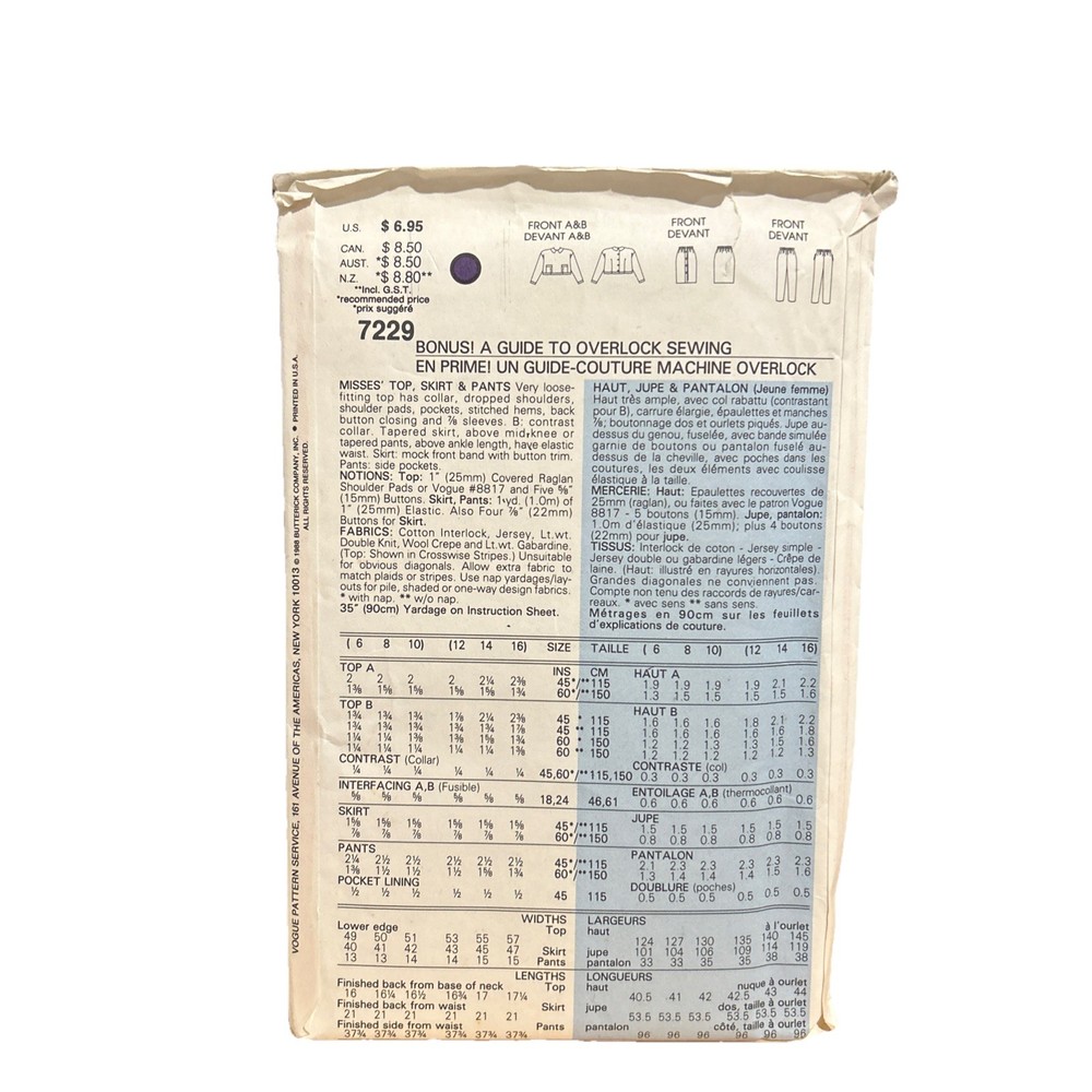 Very Easy Very Vogue 7229 Size 12-16 Sewing Pattern