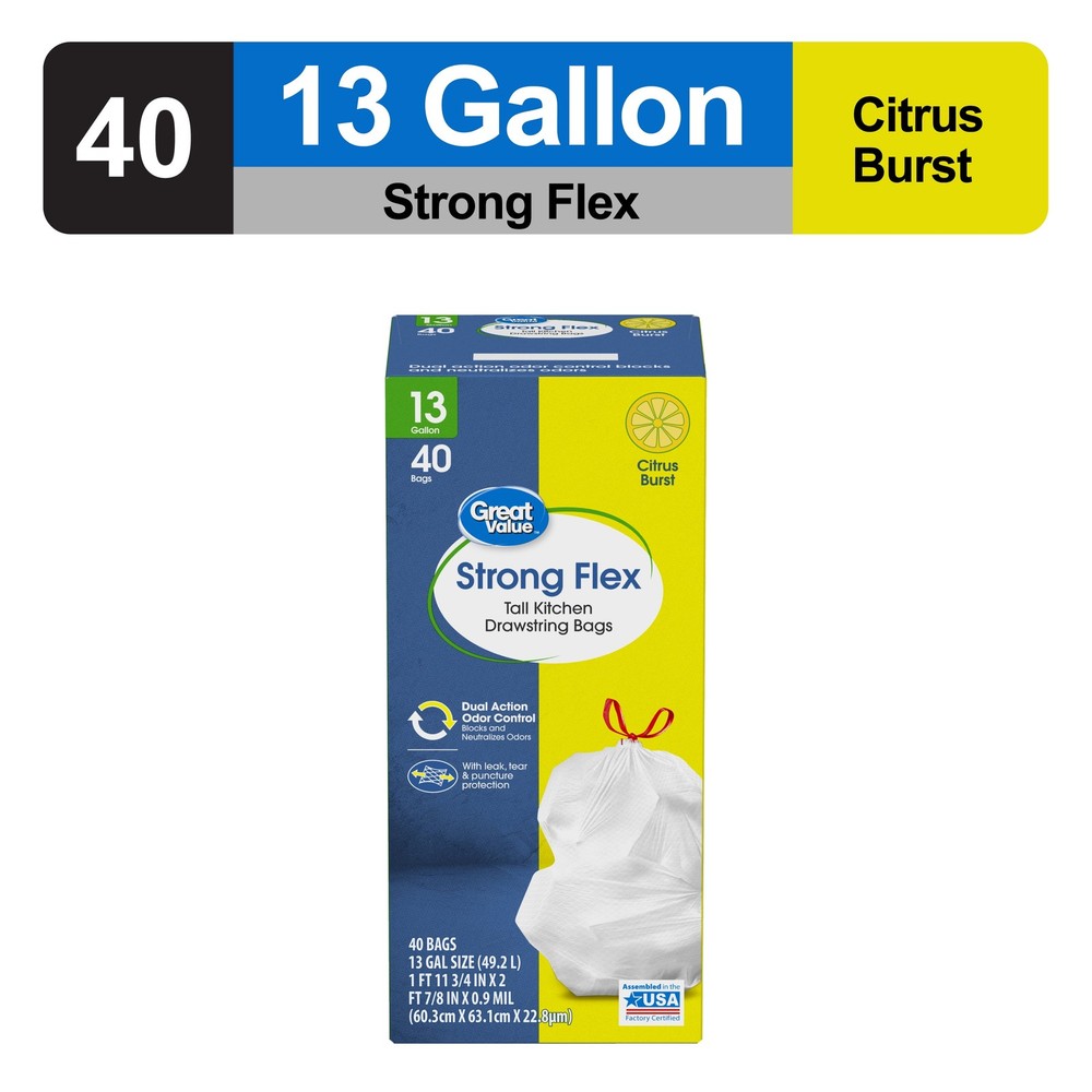 Strong Flex 13-Gallon Drawstring Tall Kitchen Trash Bags, Citrus Burst, 40 Count