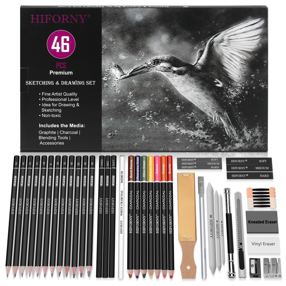 46 PCS Sketching Drawing Pencil Set, Colored Charcoal, Graphite, Blending Tool