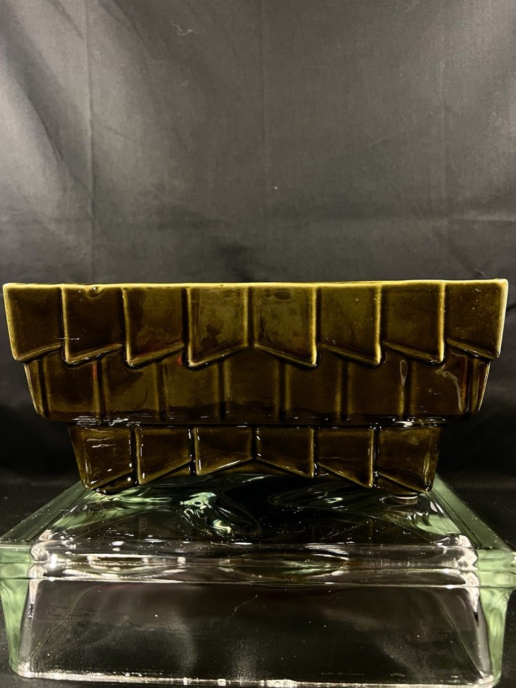 Olive Green Planter By Cookson Pottery, Rectangular With Geometric Design