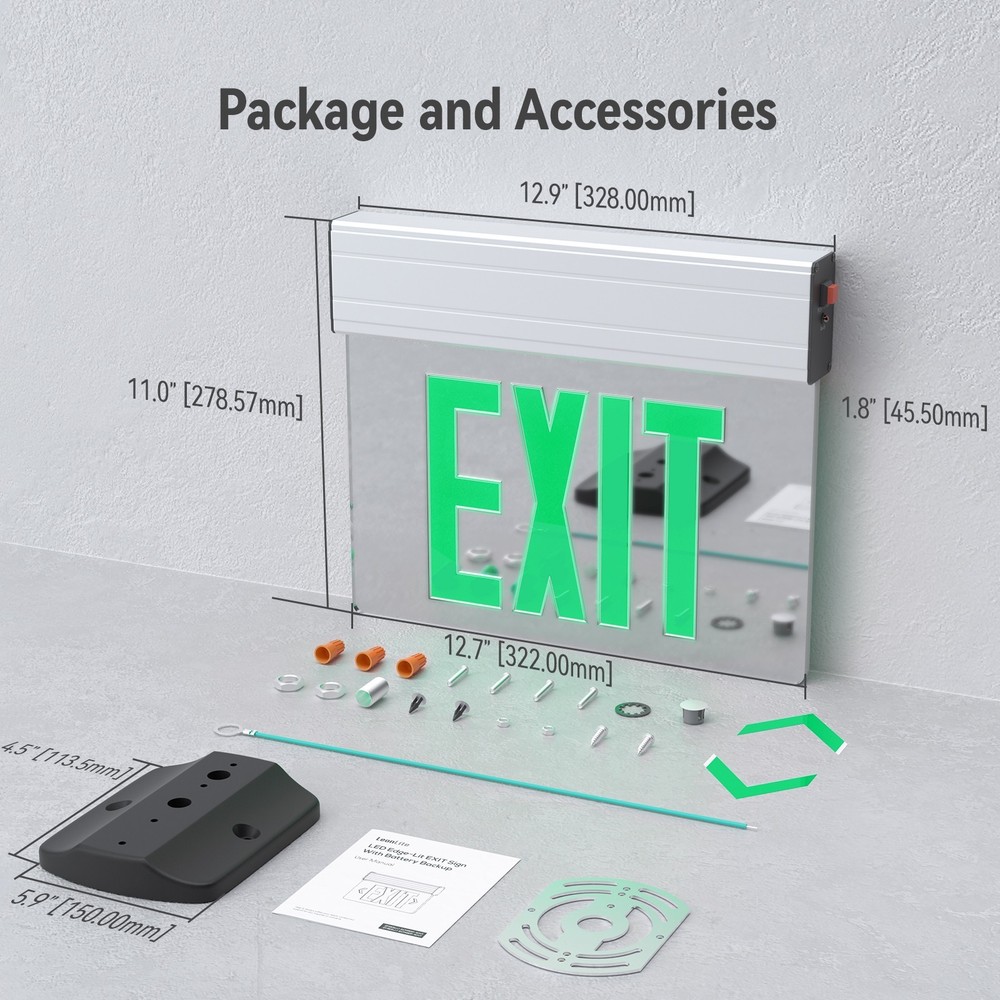 2 Pack LED Exit Sign, Aluminum Housing Acrylic Panel Emergency Light, Green