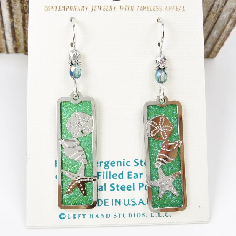 Adajio Earrings Green Column with Shiny Silver Sand Dollar Seashell Starfish