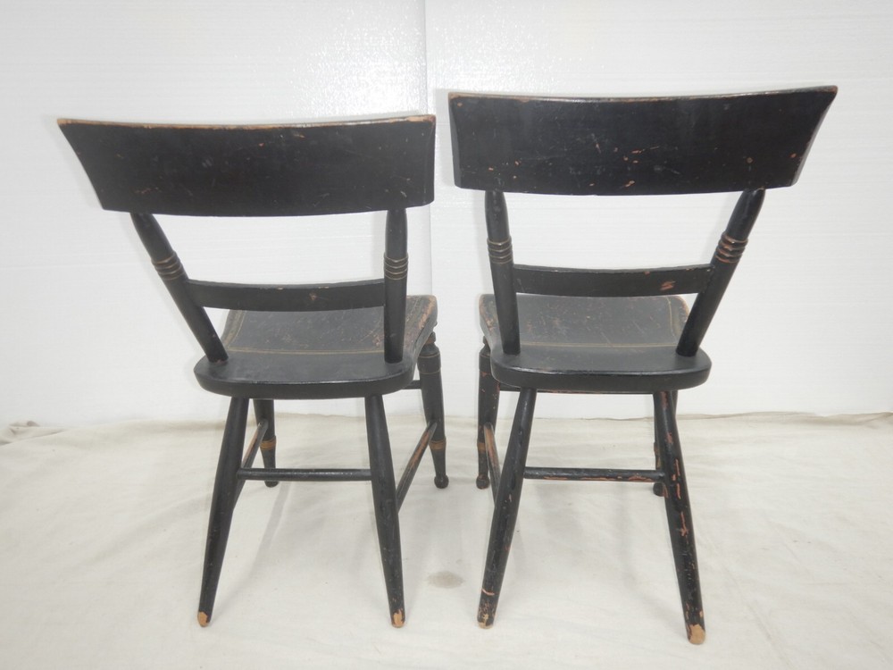 PAIR Antique Plank Seat Chairs with original Black paint