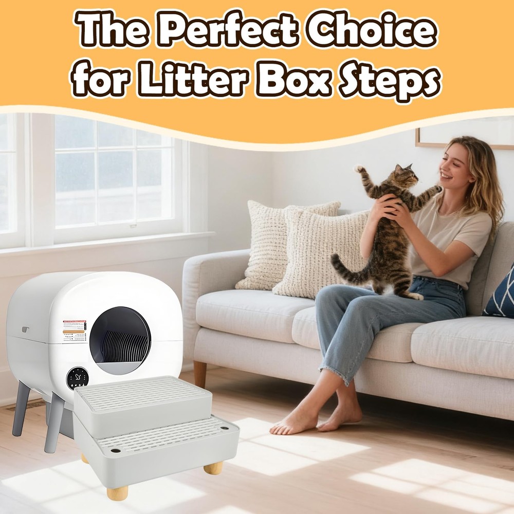 Elevated Cat Litter Mat with Detachable Step and Adjustable Height for Indoor