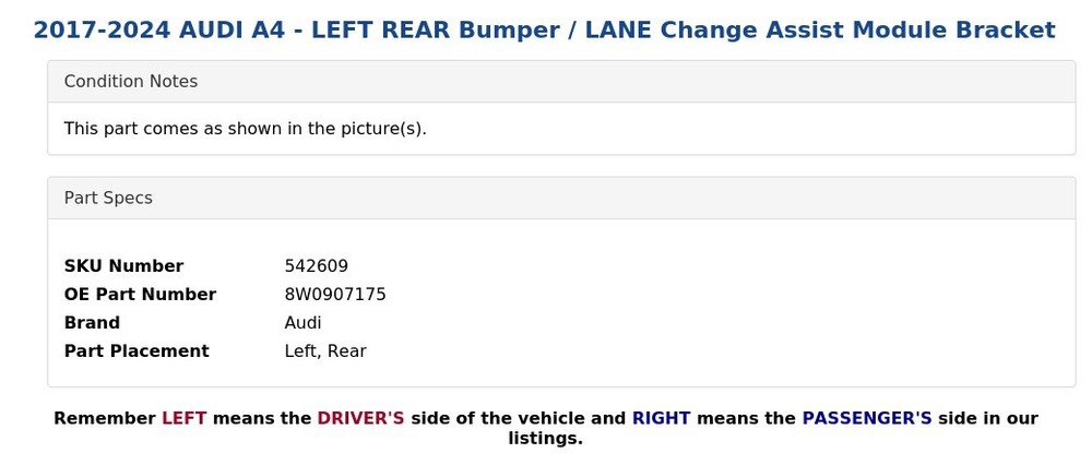 2017-2024 AUDI A4 - LEFT REAR Bumper / LANE Change Assist Module Bracket
