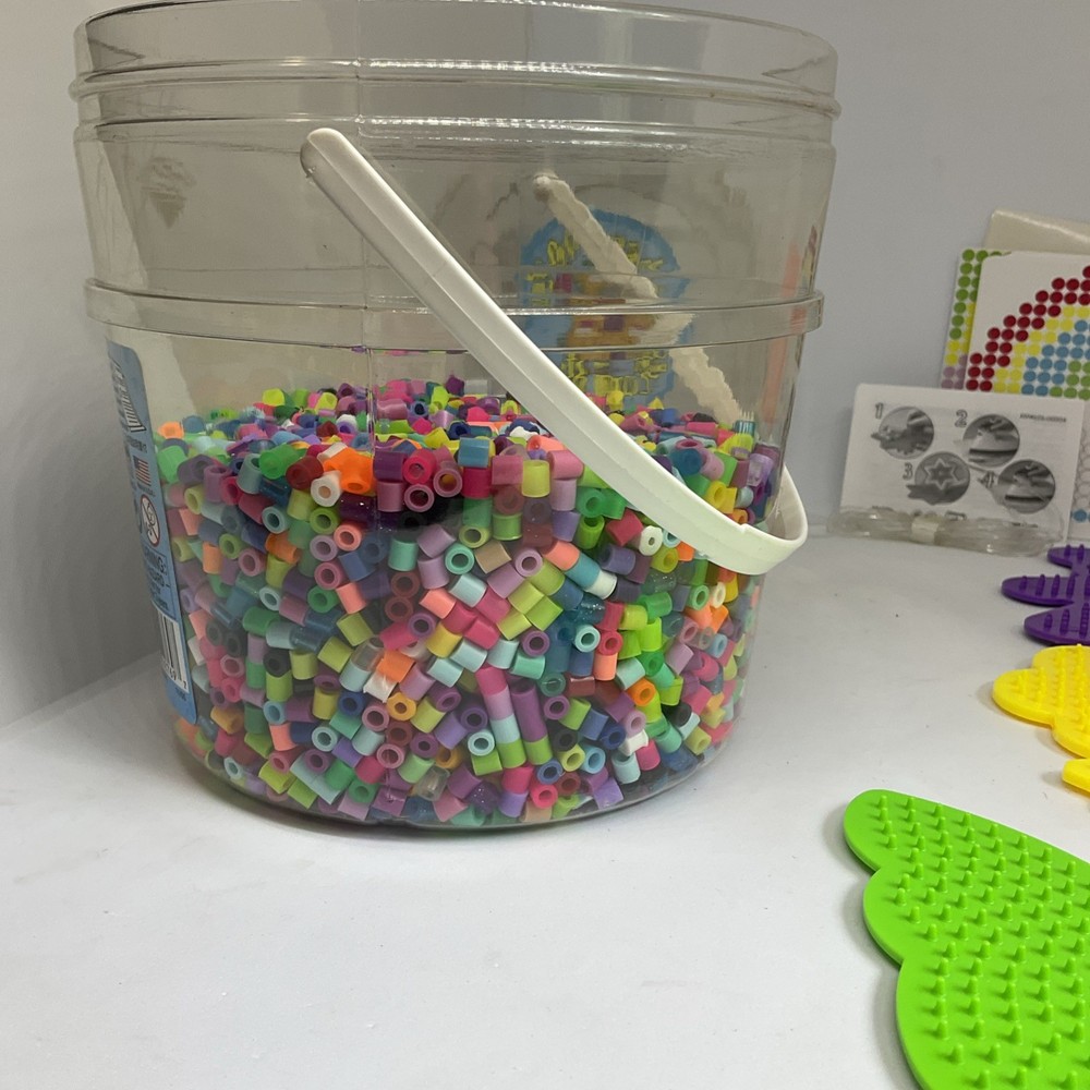 PERLER fuse beads bucket #42769 with 7 pegboards, String, Patterns