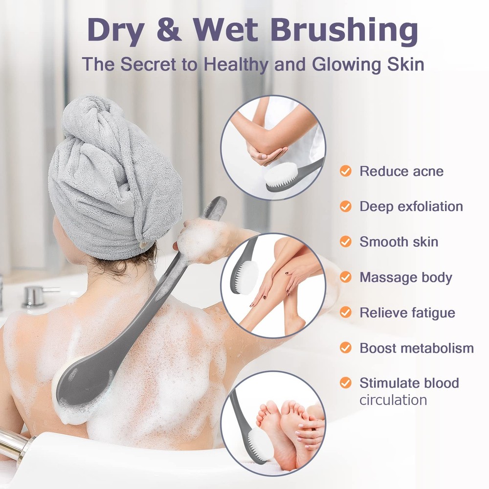 Exfoliating Shower Brush Back Scrubber Long Handle, Plastic Bath Moderate Grey