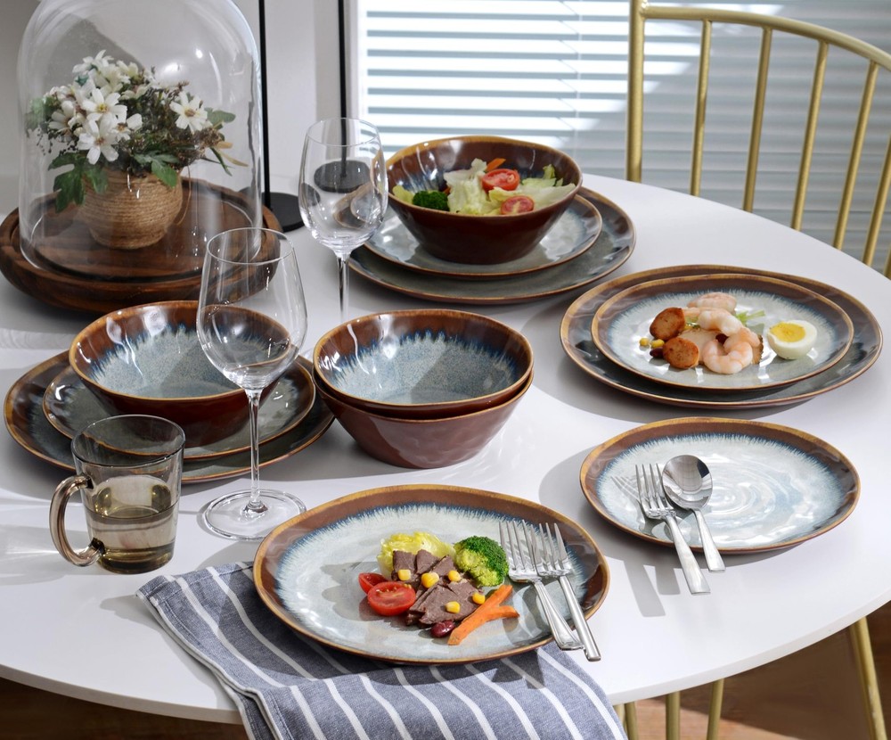 Melamine Dinnerware Sets,12Pcs Plate and Bowl Set,Unbreakable and Lightweight Di