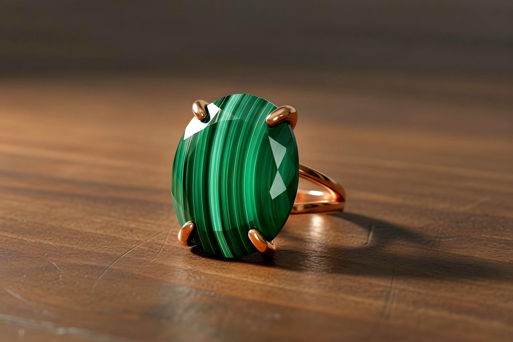 Malachite Gemstone Ring Anemone Sterling Silver Oval Large Stone Engraved