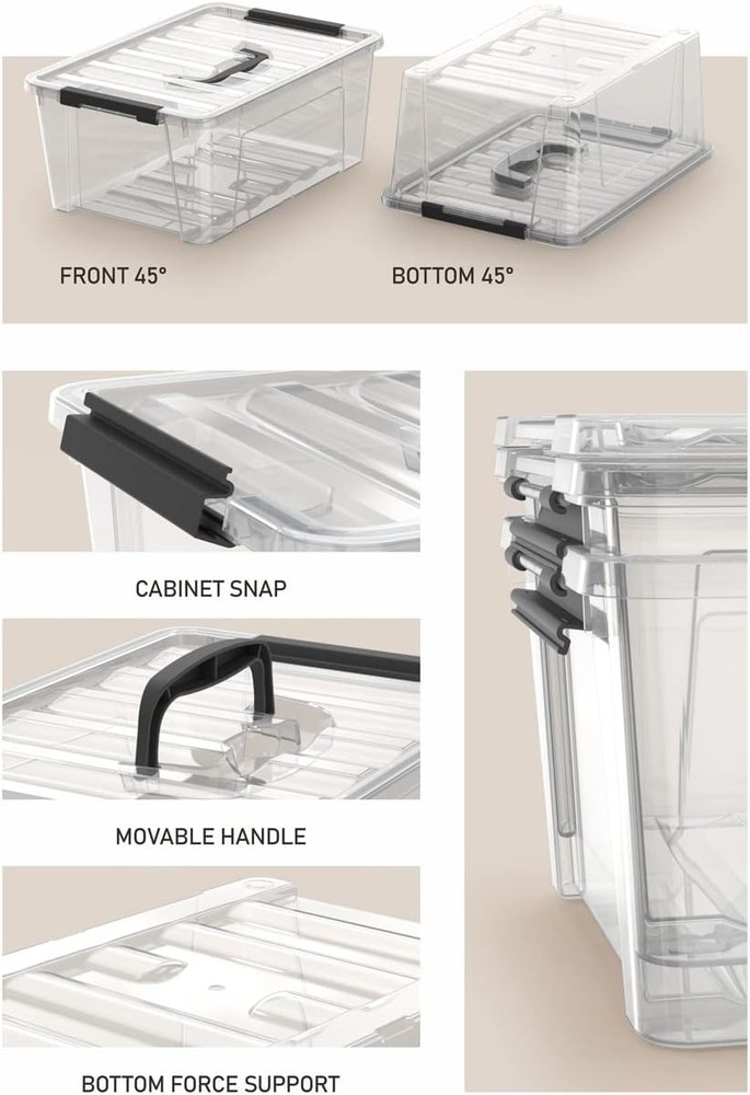 WYT Clear Storage Latch Bins, 6-Pack Organizer Box with Handle