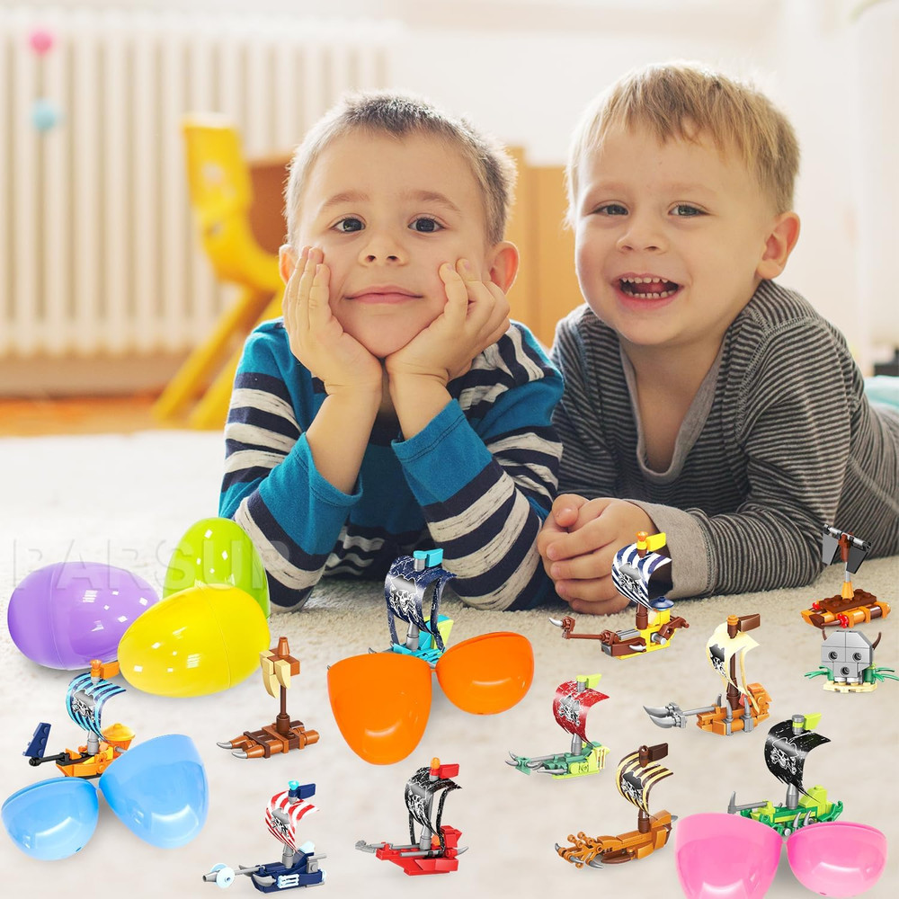 12 Pack Easter Plastic Eggs with Pirate Ship Building Blocks for Easter Theme Pa