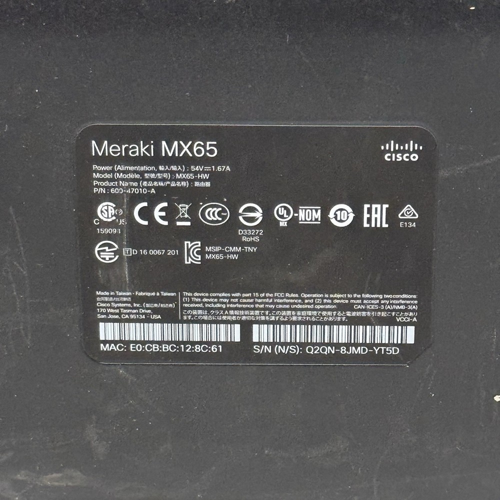Cisco Meraki MX65 Small Branch Security Appliance