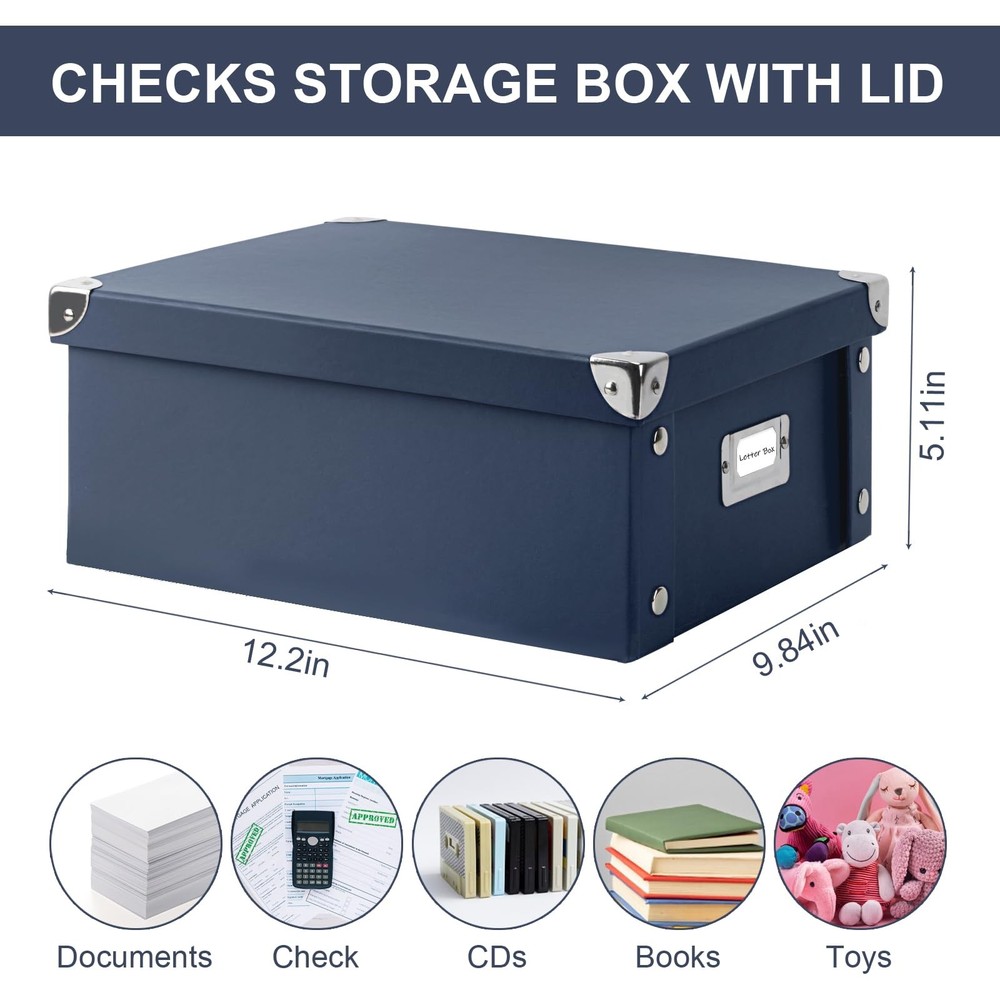 2 Pcs 12"x10"x5" Navy Blue Foldable Document Storage Box Lid File Organizer