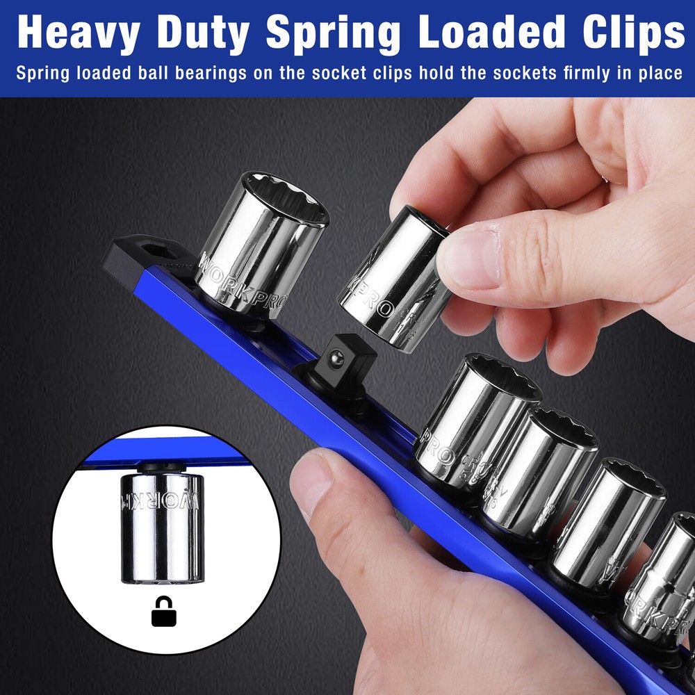 WORKPRO 1/2 Drive Magnetic Socket Organizer Heavy Duty Socket Rail Socket Holder
