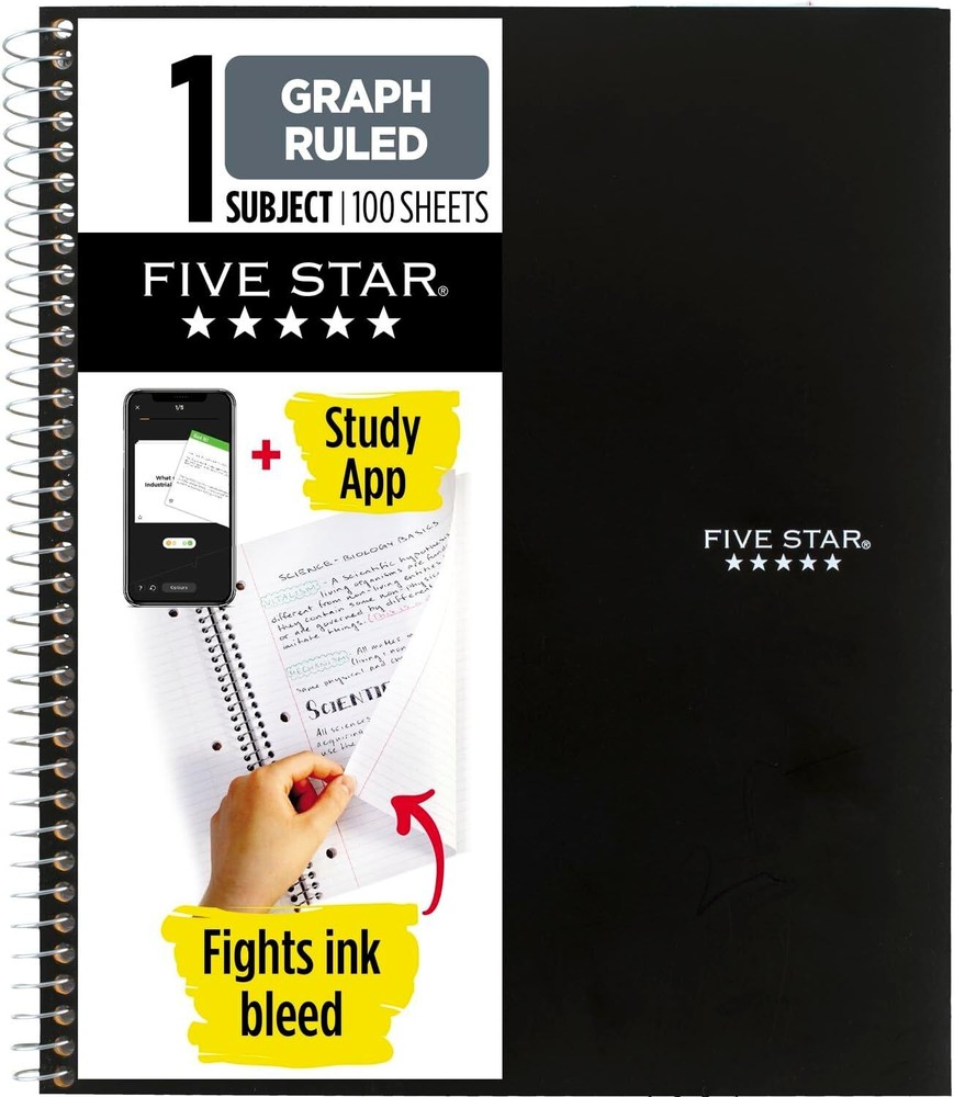 Five Star Spiral Notebook + Study App, 1 Subject, Graph Ruled Paper, Black