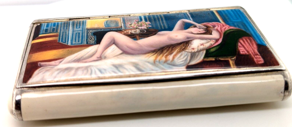 Silver & Enamel Austrian Cigarette Case with Beautifully Enamelled Erotic Scene
