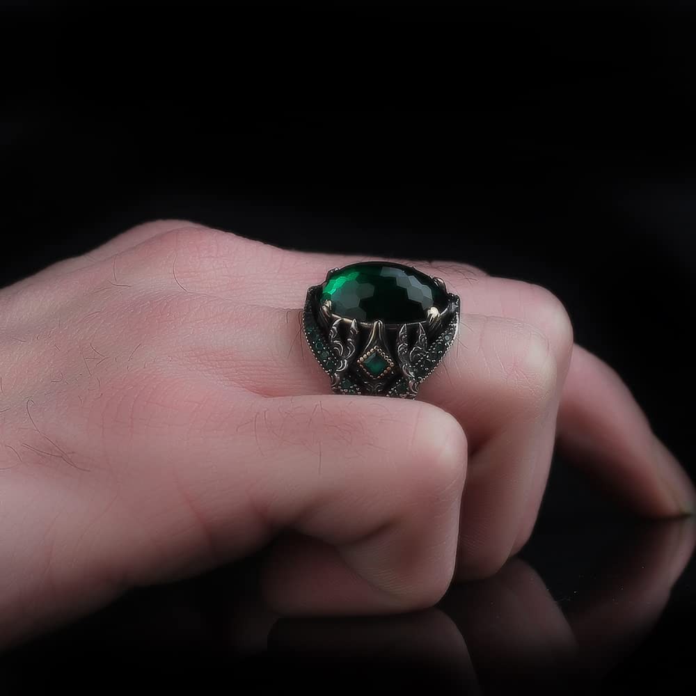 Emerald Stone Men Silver Ring, 925 Sterling Silver Emerald Gemstone Ring,
