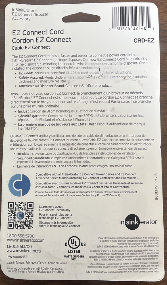 InSinkErator CRD-EZ Connect Power Cord 3 Ft For use on EZ Connect Disposals