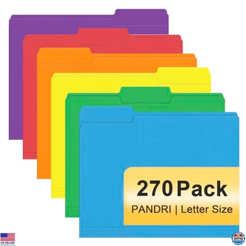 File Folder, PANDRI 270 Pack Colored File Folder, 1/3 Cut Tabs, Letter Size,