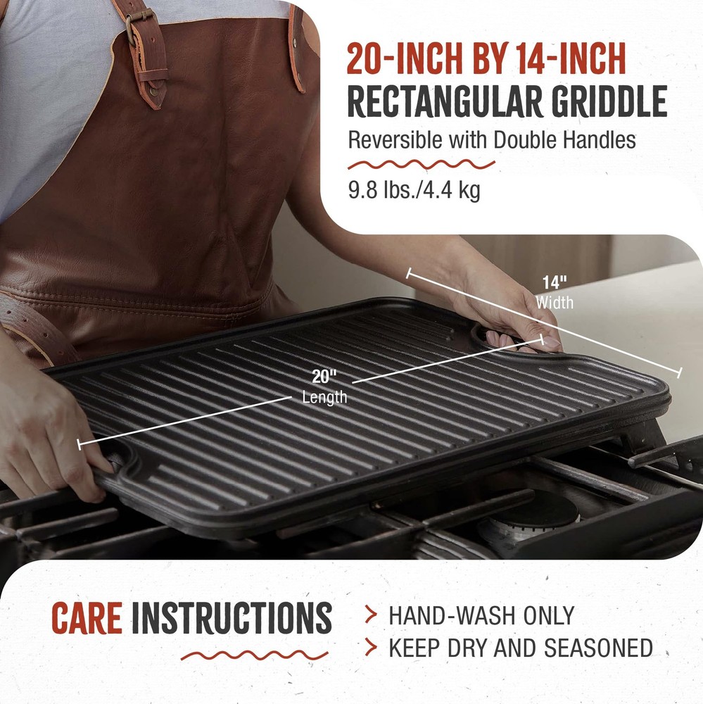 20-by-14-Inch Rectangular Cast Iron Griddle, Preseasoned Reversible Griddle