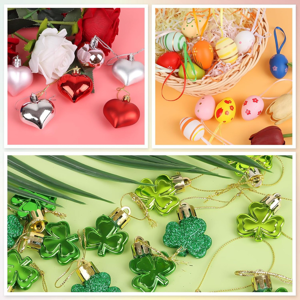 72Pcs Easter Egg Hanging Sets for Easter Holiday Decorations, Shamrock Mini Hear
