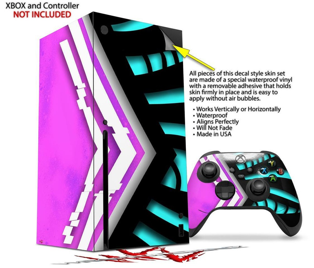 Skins XBOX Series X Console Controller Black Waves Neon Teal Hot Pink