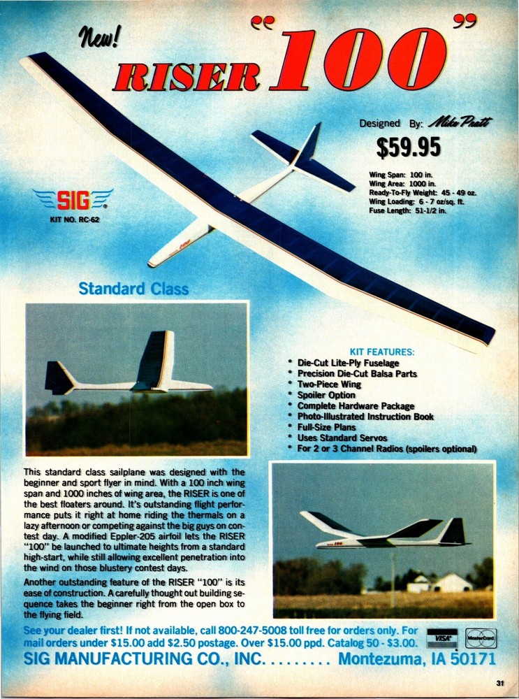 Sig Riser 100 RC Sailplane Print Ad Ephemera Wall Art Decor