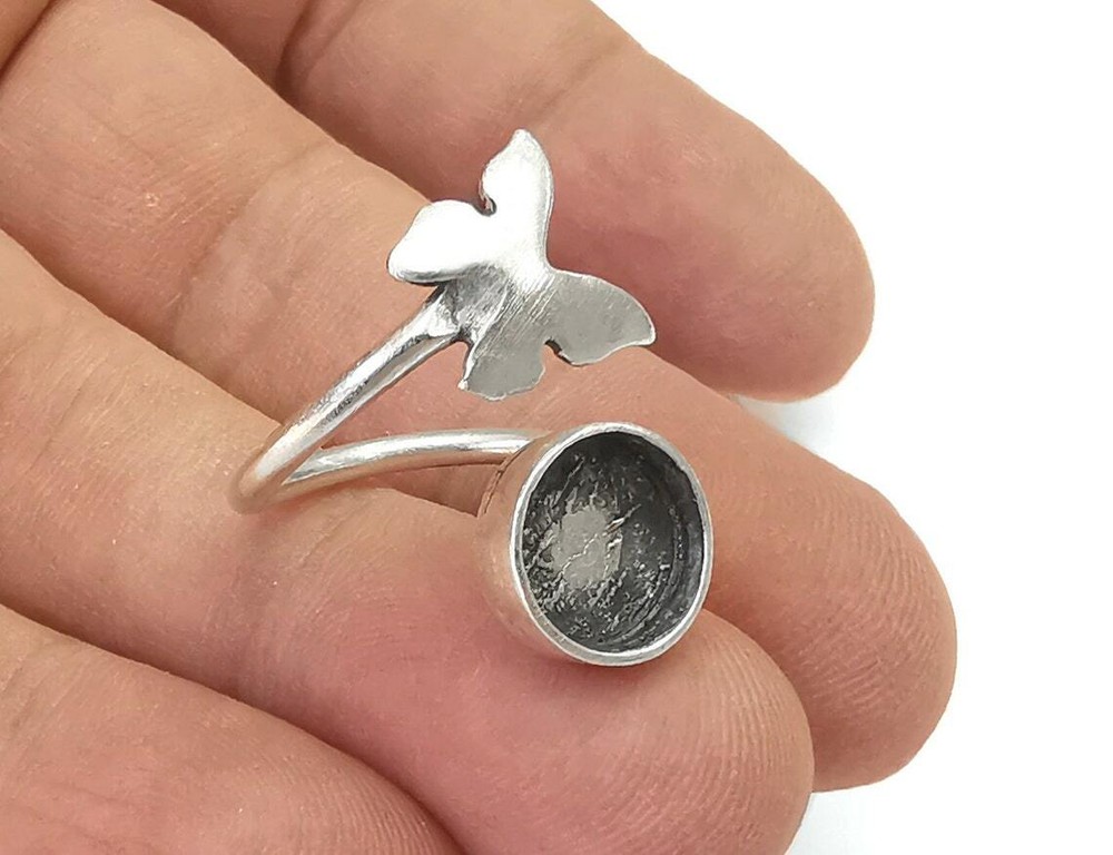 Butterfly Ring Blank Base Silver Round Setting Cabochon Adjustable Brass G26144