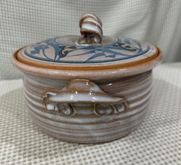 Studio Art Pottery Signed 8” Diameter Crock With Lid Curly Handle
