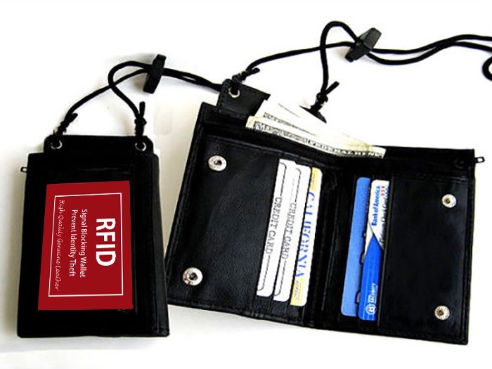RFID Blocking Leather ID Card Holder Neck Strap Travel Work Pouch Wallet