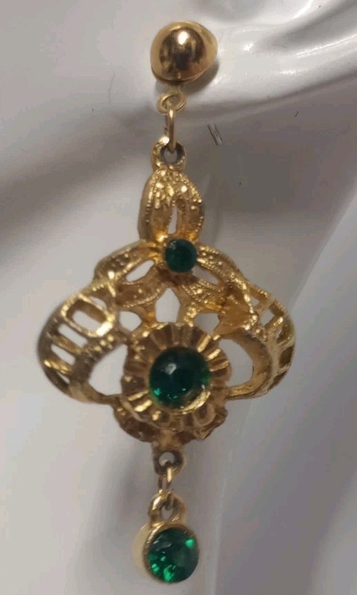 Goldtone Green Rhinestone Dangle Pierced Earrings