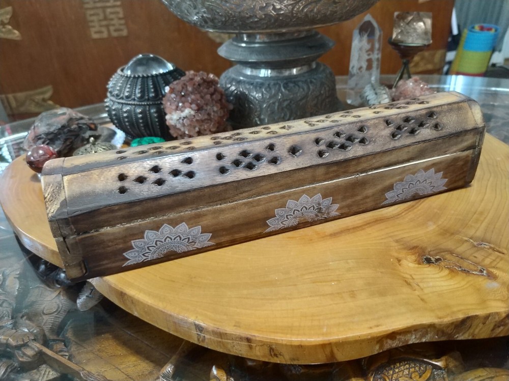 Incense stick & cone holder, burner. Compartment for sticks. Mandala pattern