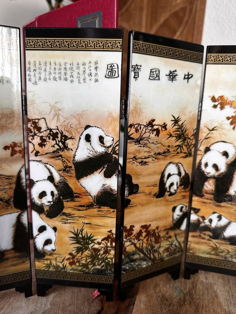 Chinese Panda Mini Folding Screen Black Lacquer Tabletop Art Boxed