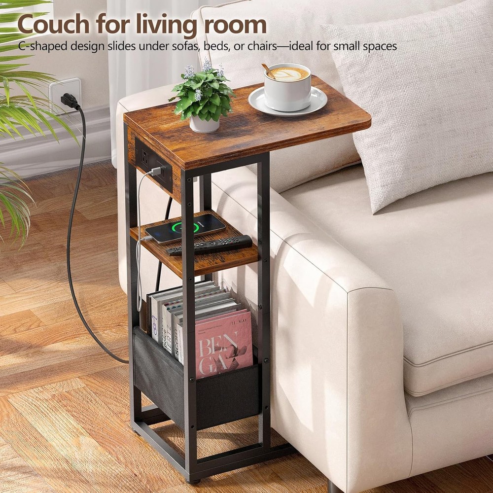 C Shaped End Table with Charging Station, Small Side Table for Couch Recliner,