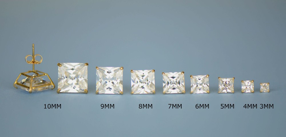 14k solid yellow gold square clear CZ basket set stud earrings 3mm-10mm