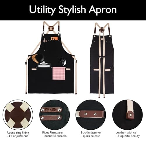 Kitchen Apron, Work Apron, Canvas, Multiple Pockets, Gardening, 1 Black