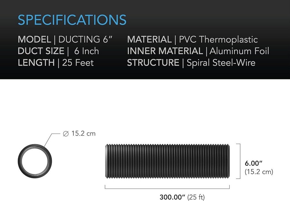 6" Aluminum Ducting, 25ft Long, Heavy-Duty