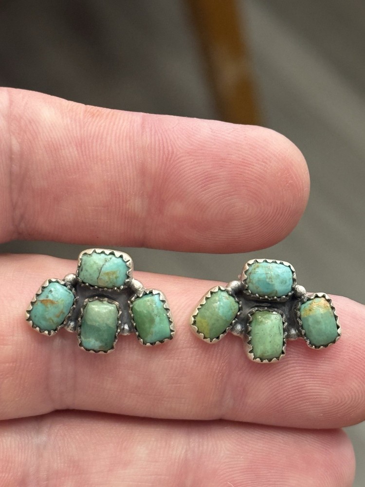STERLING SILVER TURQUOISE 4 STONE HALF CLUSTER STUD POST EARRINGS .925