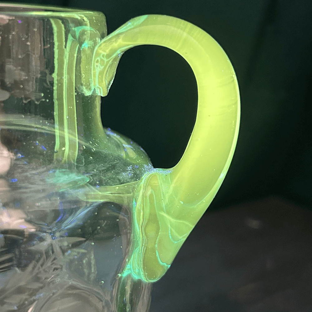 Broken Blue Uranium Glass Etched Swan Pitcher