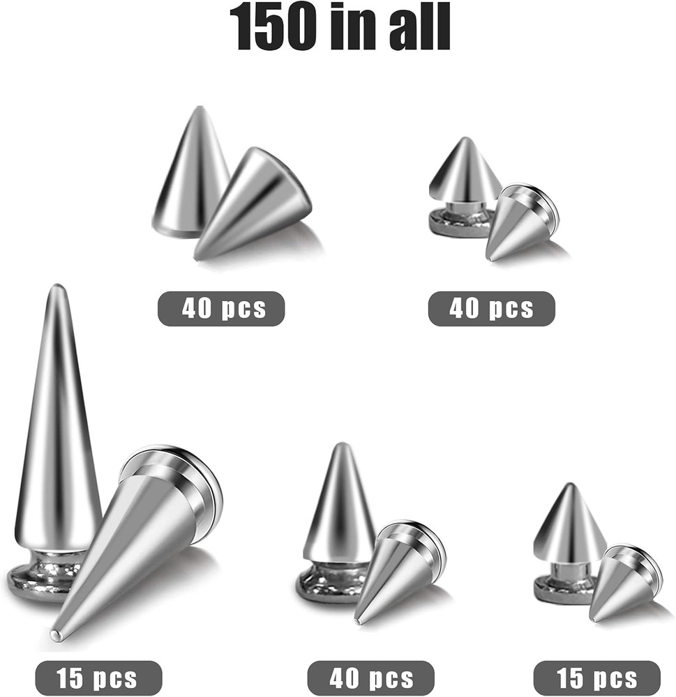 150 Sets ABS Plastic Punk Cone Spikes Studs Multiple Sizes Silver Screw Back Spi