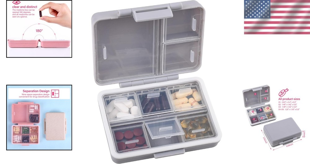 Moisture-Proof 9-Compartment Pill Case - Secure Grey Pill Organizer for Vitamins