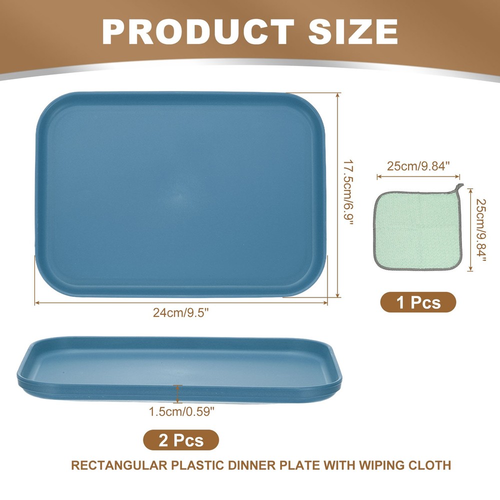 2Pcs 9.5x6.9" Rectangular Plates Wheat Plastic Dinner Plates Dark Blue