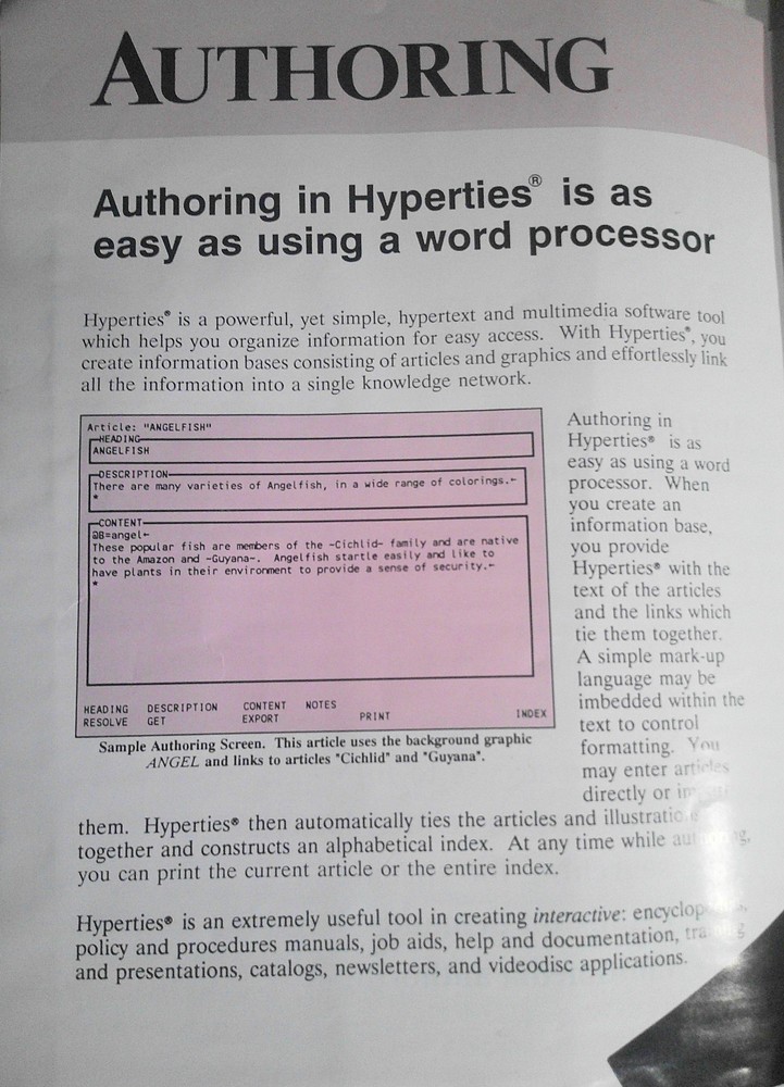 Hyperties by Cognetics Corporation brochure. Hypertext/ multimedia software tool
