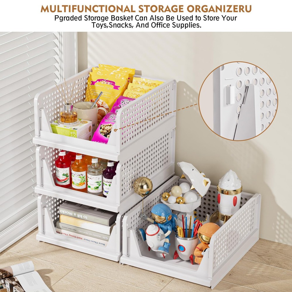 SNSLXH 5 Pack Stackable Closet Storage Basket, Multifunctional 5 Pack, White