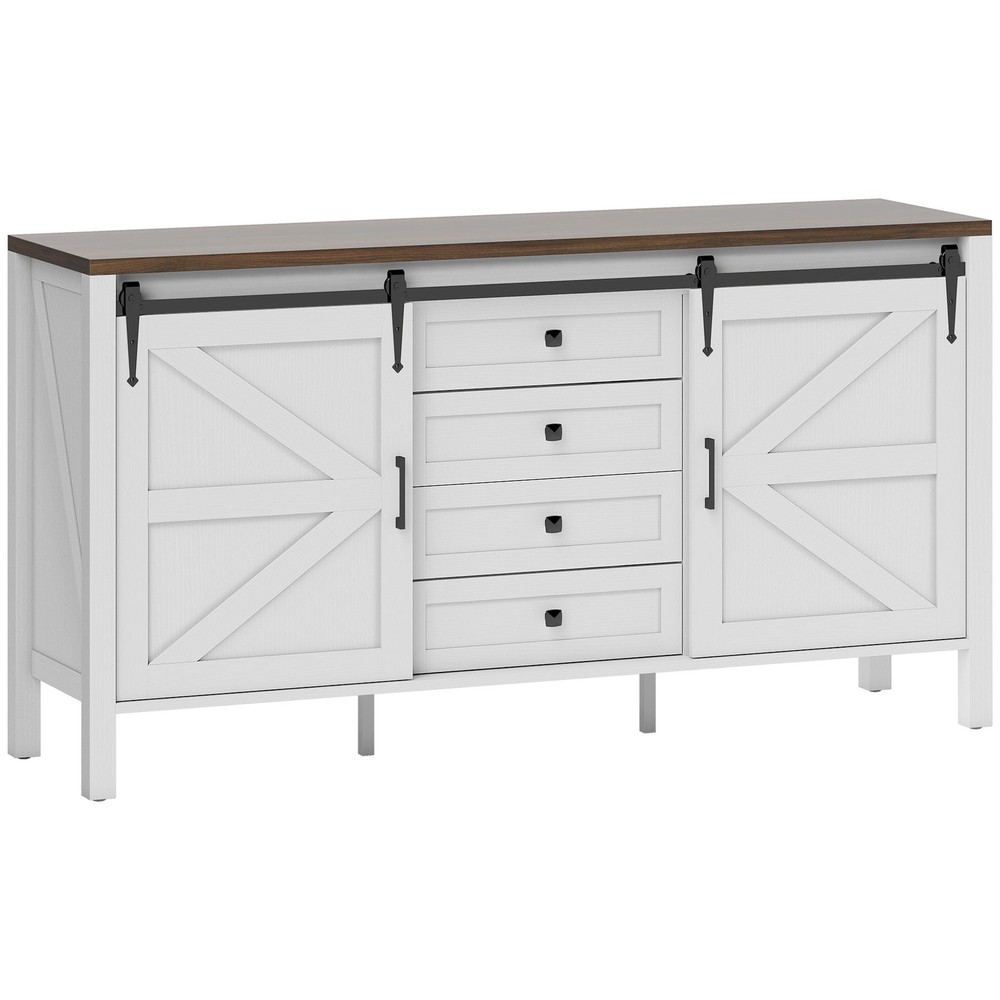 59 Buffet Cabinet, Farmhouse Sideboard With Thick Top, 2 Barn Doors,, White
